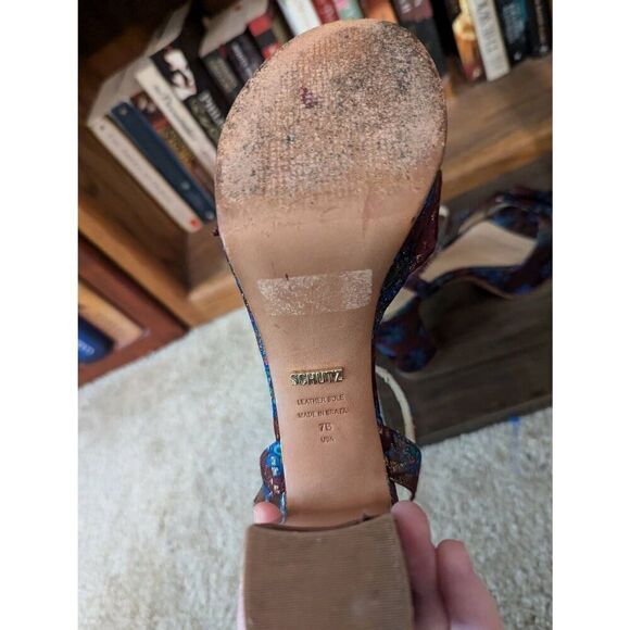 Schutz Women’s 7B Genuine Leather Multicolor Bow Peep Toe Heels Ankle Wrap - Picture 5 of 7